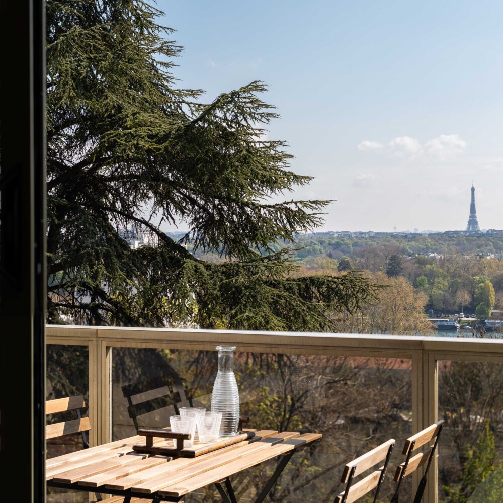 appartement sur les coteaux de saint cloud. Zoom sur le balcon terrasse avec le grand cèdre et la Tour Eiffel à Paris. Patrice Juin, 21juin.immo