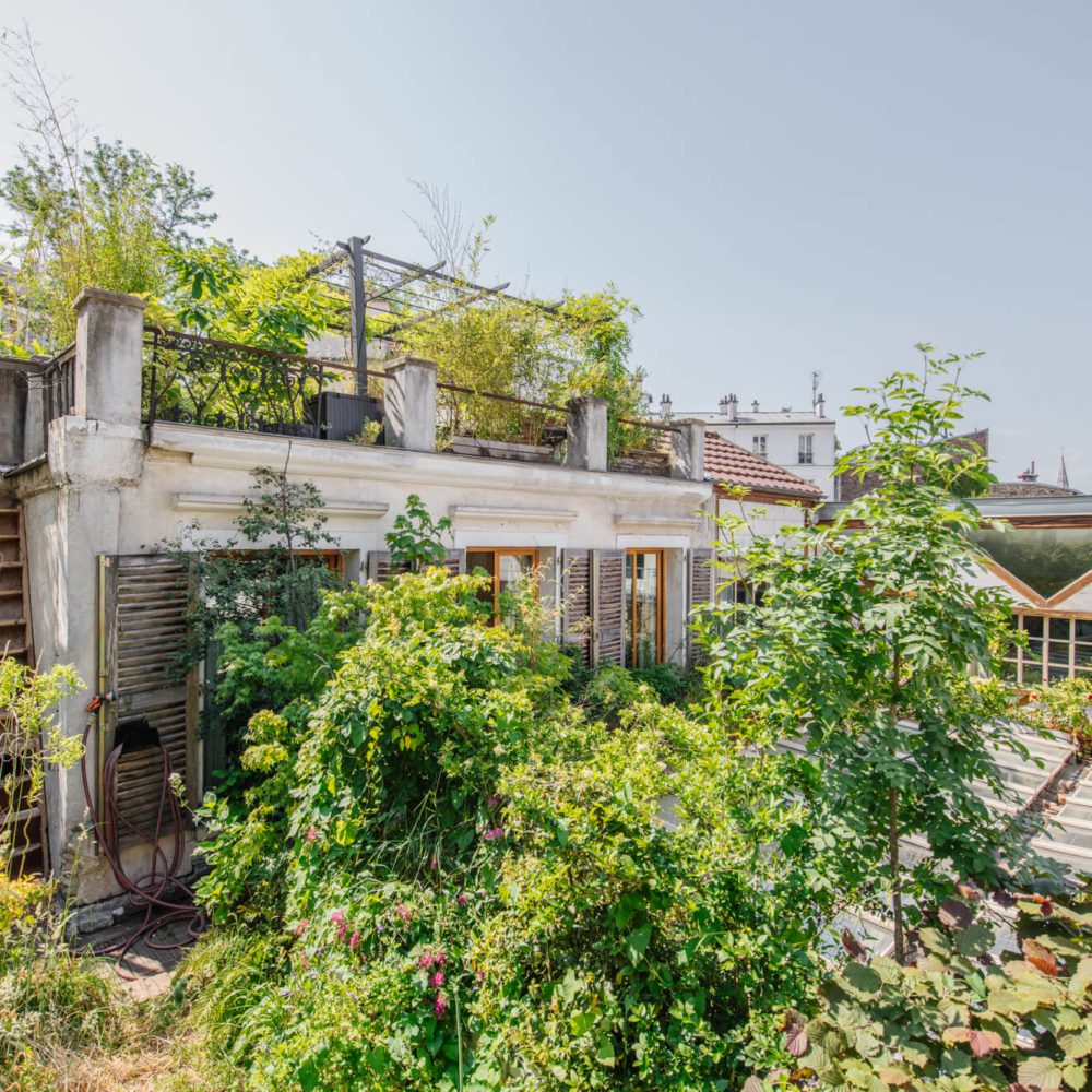 vue de la façade arrière d'une rare maison avec extérieur jardin terrasse en vente à Paris 20. Cachée entre Jourdain et le parc de Belleville cette maison exceptionnelle est en vente par Patrice JUIN, 21juin.immo