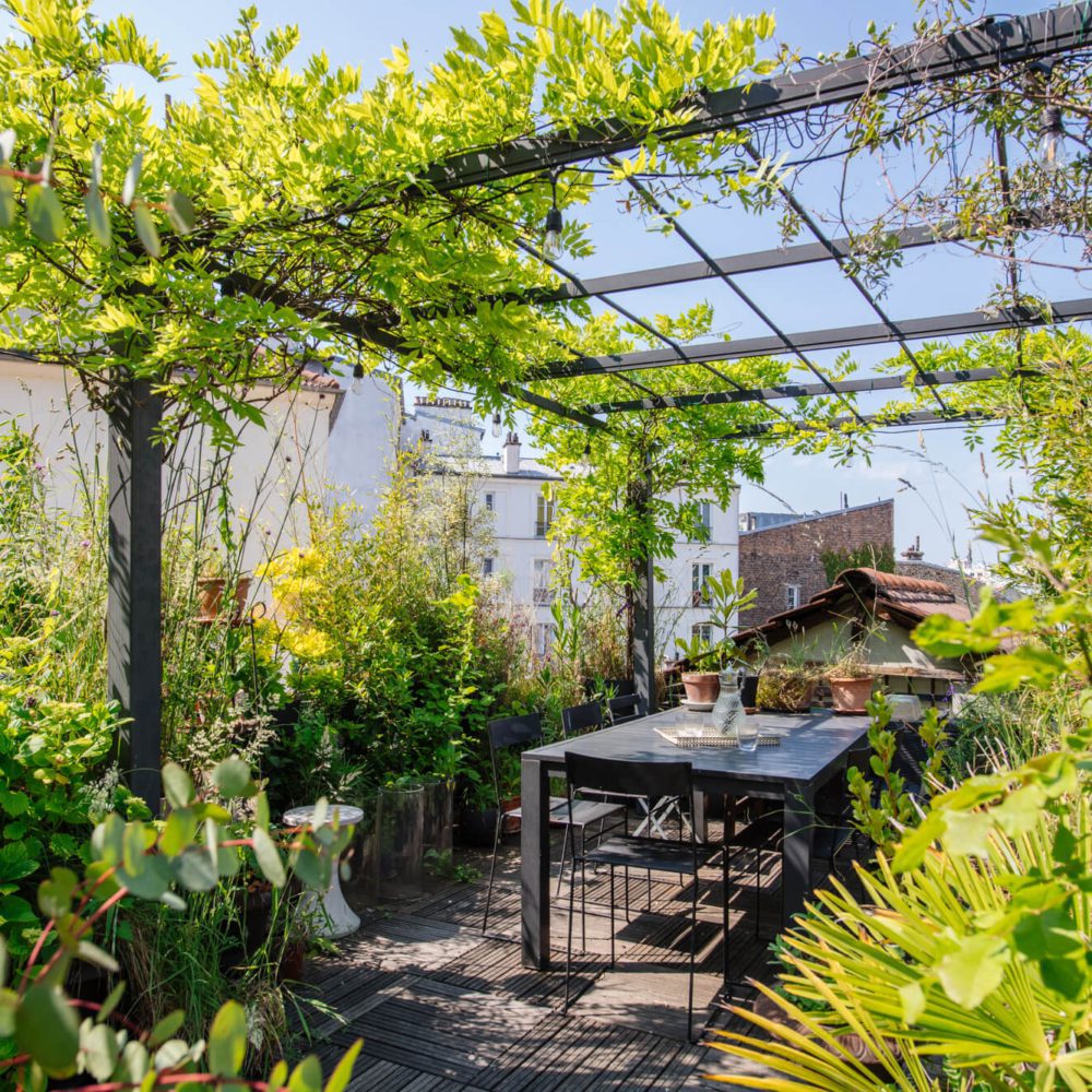Voici le toit terrasse plein ciel de cet ancien atelier de menuiserie et de sa maison en vente par l'agence Immobilière 21juin, entre Jourdain et le parc de Belleville. un bien d'exception avec extérieur. au calme absolu. Patrice Juin