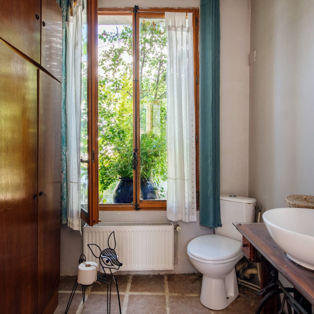 Les toilettes dans la forêt avec Bambi qui veille sur vous ! c'est au premier étage, près du toit jardin suspendu, de cette maison incroyable. Un loft, atelier et galerie, en vente à Paris 20. 21juin.immo